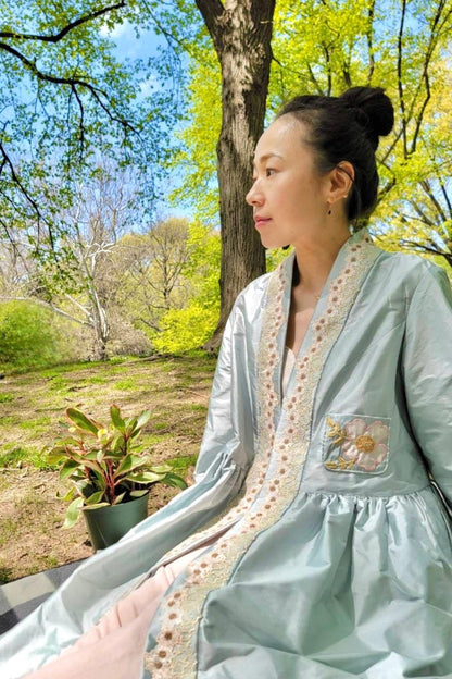 Blue Silk Shantung Robe - Spring Flower