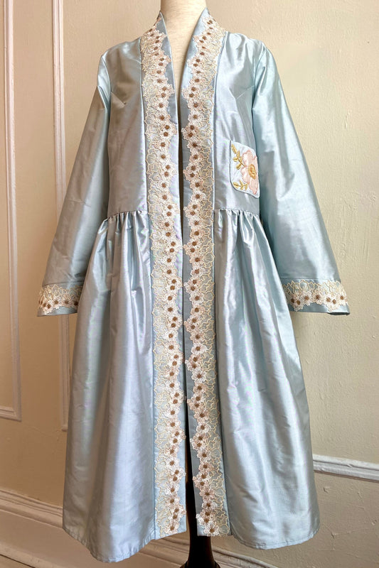 Blue Silk Shantung Robe - Spring Flower