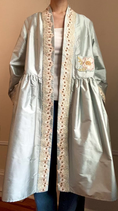 Blue Silk Shantung Robe - Spring Flower